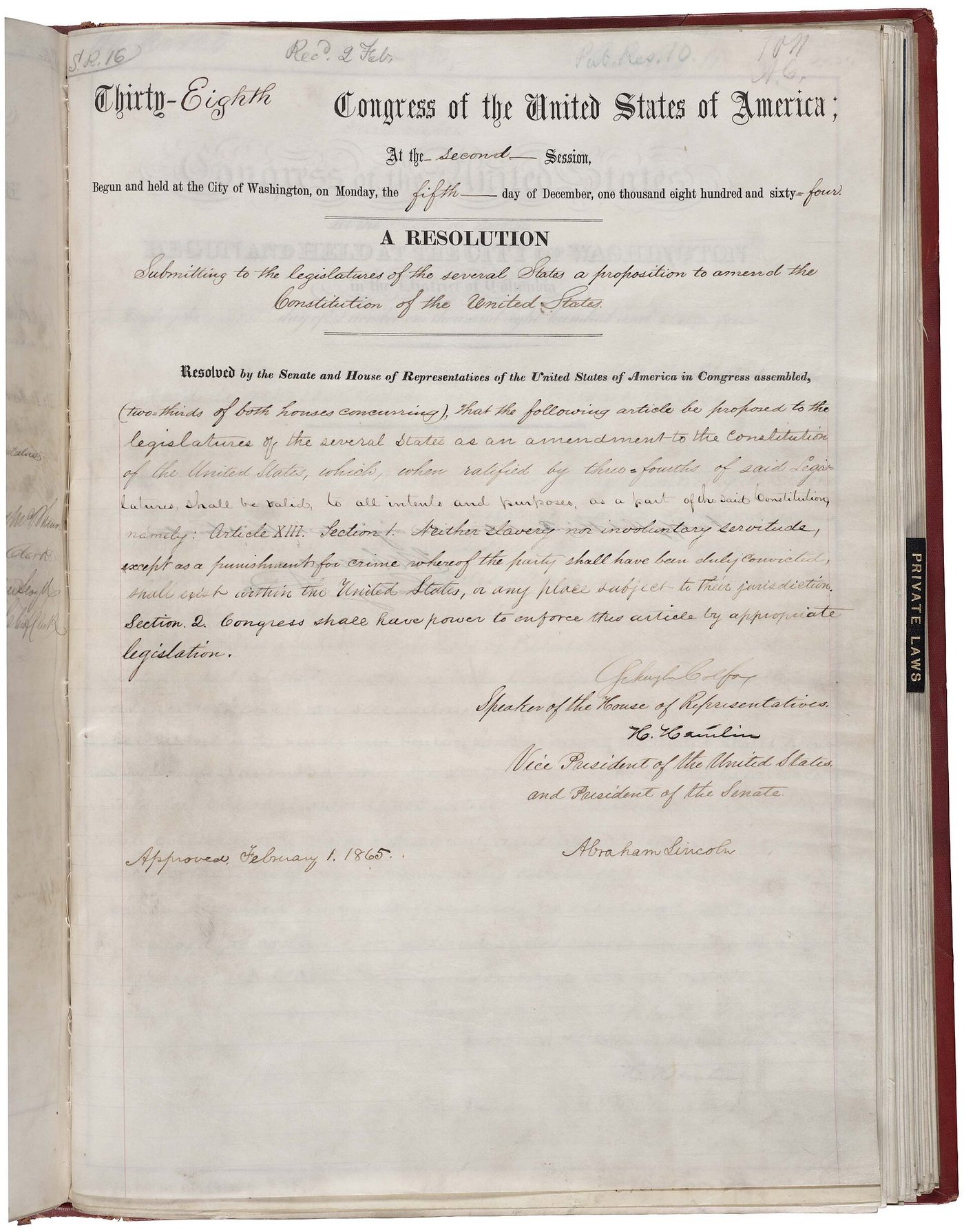 The engrossed joint resolution proposing the Thirteenth Amendment, signed by Lincoln, 1865
