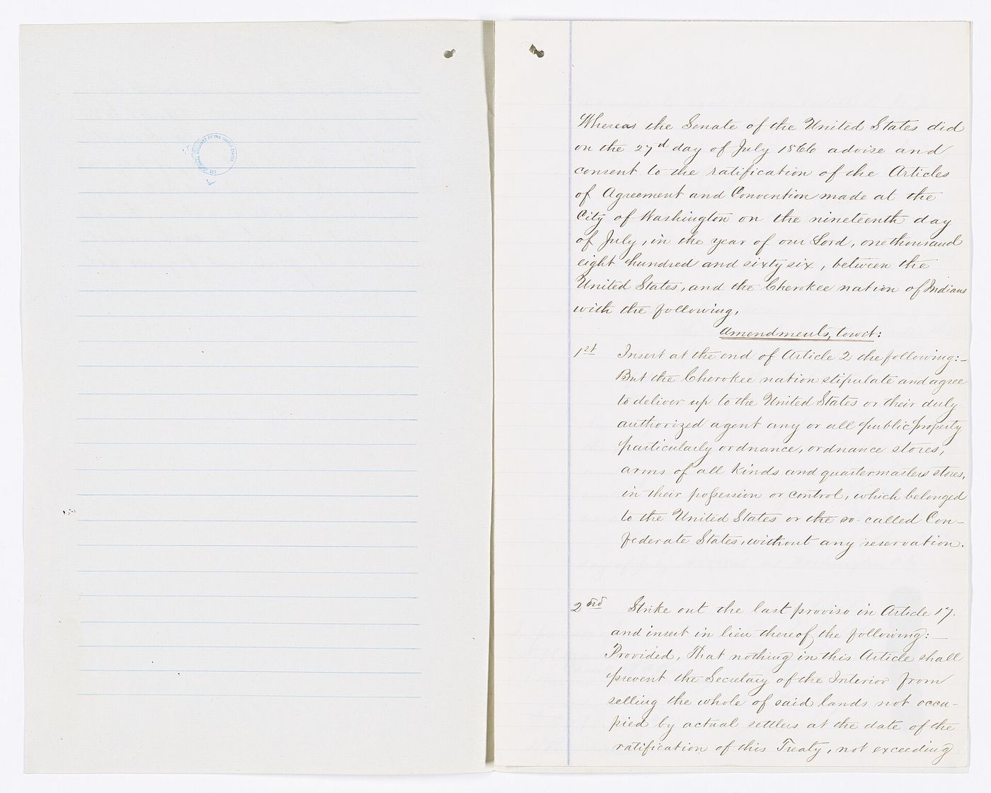Two handwritten pages of the ratified 1866 treaty with the Cherokee Nation
