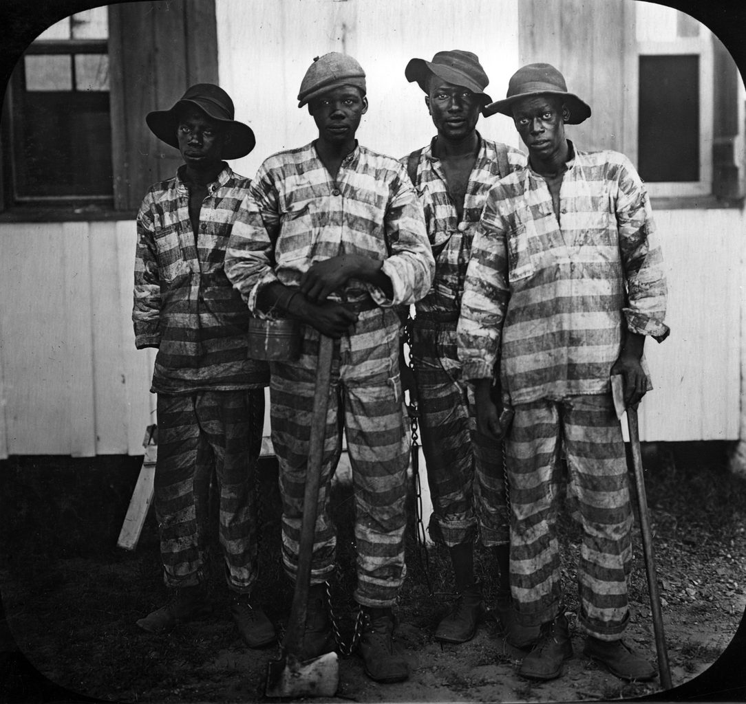 Four convicts in striped uniforms with a foreman, leased to harvest timber, Florida, 1915