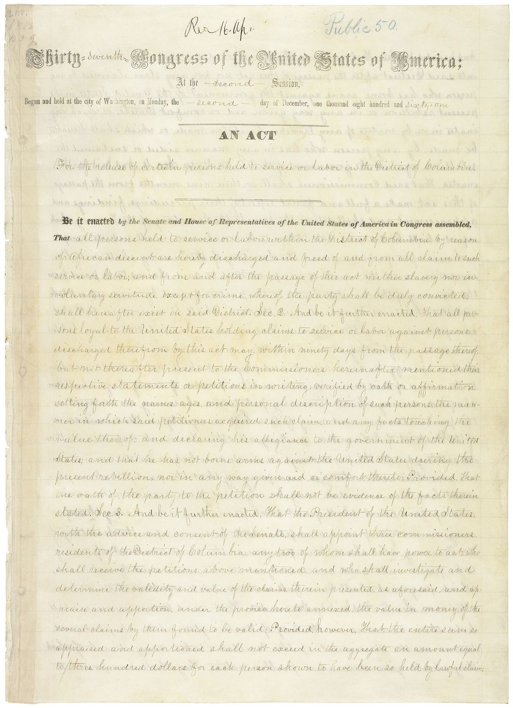 First page of the handwritten enrolled act of April 16, 1862 freeing persons held to service or labor in the District of Columbia