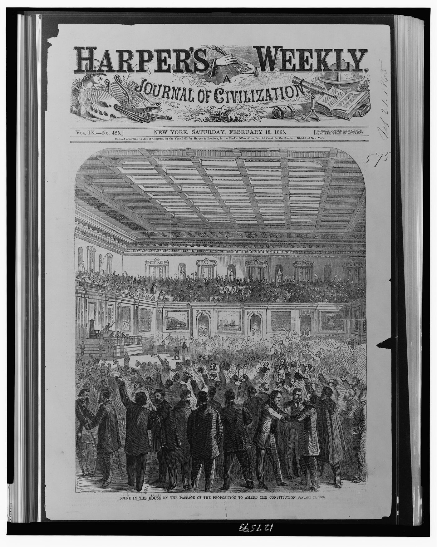 Grabado de la Cámara de Representantes al aprobarse la Enmienda XIII, 31 de enero de 1865
