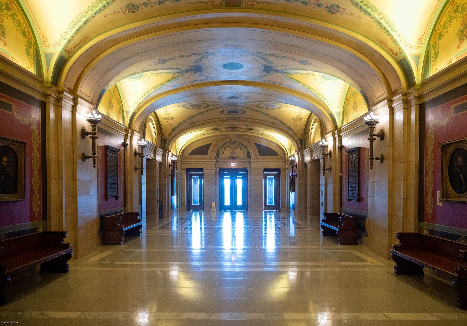 A long vaulted corridor inside the Minnesota State Capitol
