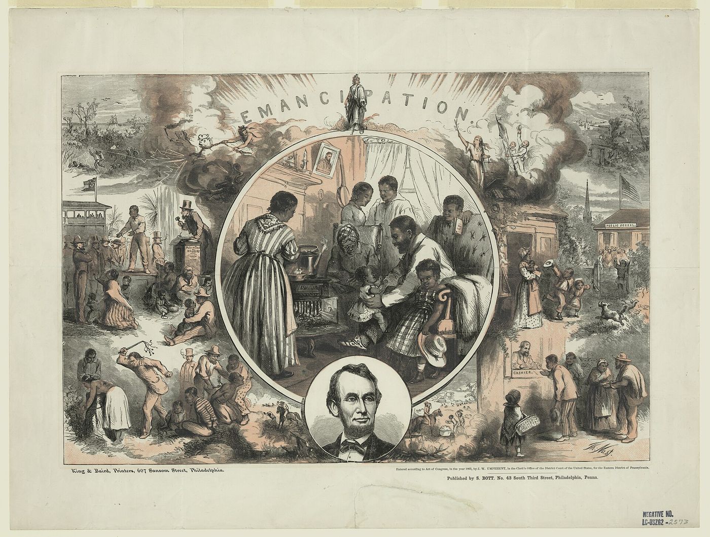 Thomas Nast print titled Emancipation, with scenes of slavery on the left and free life on the right around a central family