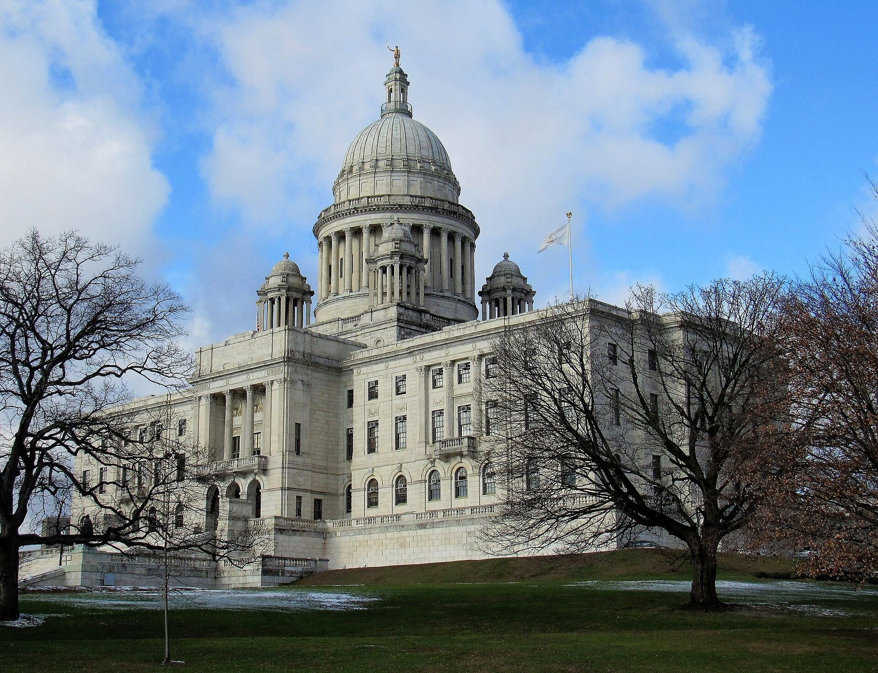 The Rhode Island State House in Providence under a winter sky